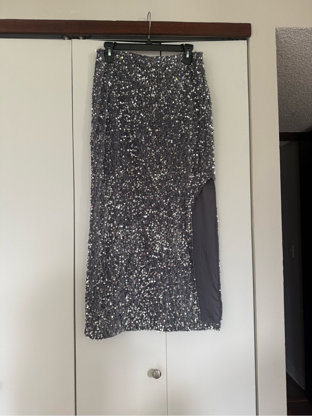 Silver Sequin Midi Skirt with Side Slit by Madden NYC — Elegant Evening Wear